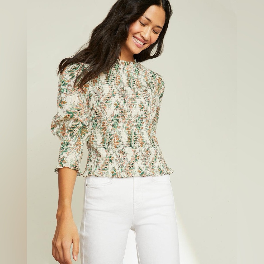Veronica Beard Kali Smocked Floral High Neck Top Sz 12